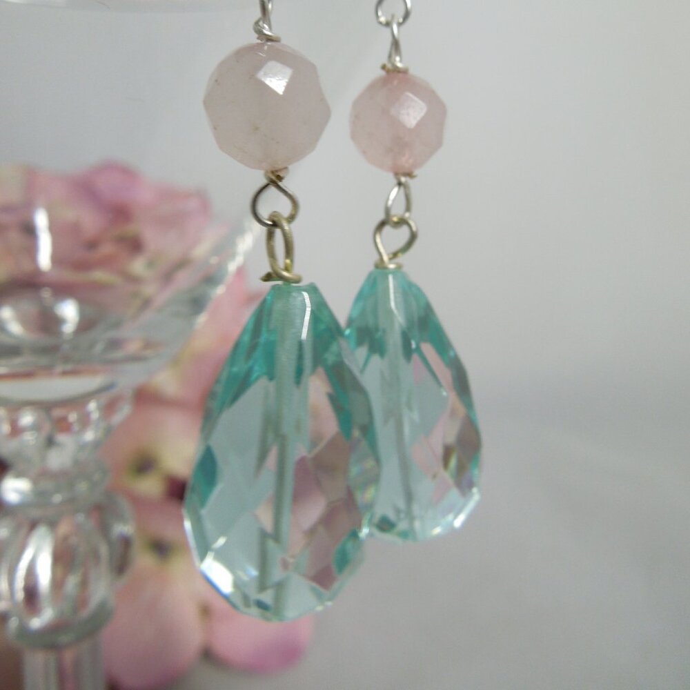 Rose Quartz Swiss Blue Teardrop Crystal Dangle Sterling Silver Earrings E6